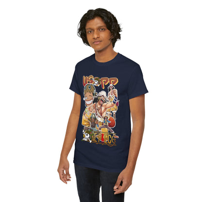 Another model showcasing the elegant navy blue anime t-shirt, highlighting its unique design with beloved characters, ideal for trendy fashion lovers.