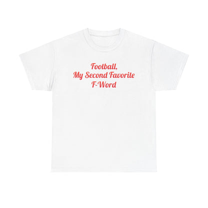 Elegant white Urban Unisex Cotton Graphic T-Shirt displaying the phrase 'My Second Favorite F Word', perfect for diverse casual occasions.