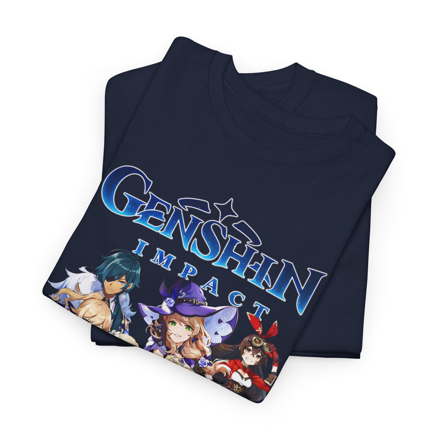 Premium Genshin Impact T-Shirt elegantly folded, displaying exquisite character artwork, a must-have for devoted fans of the game.