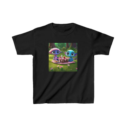 Kids Heavy Cotton Tee featuring whimsical cute alien designs in classic black, combining comfort and fun for active children.