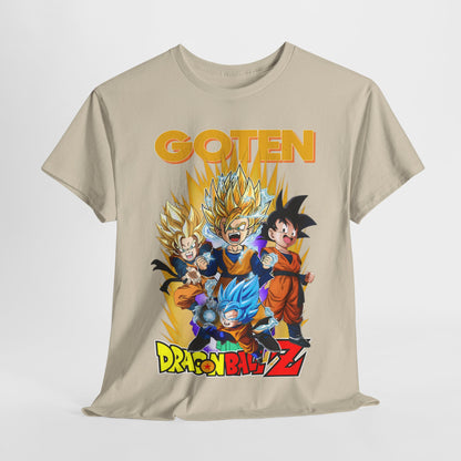 Luxurious Dragon Ball Z T-shirt in beige, prominently displaying the name GOTEN along with animated characters in an eye-catching, bold graphic.