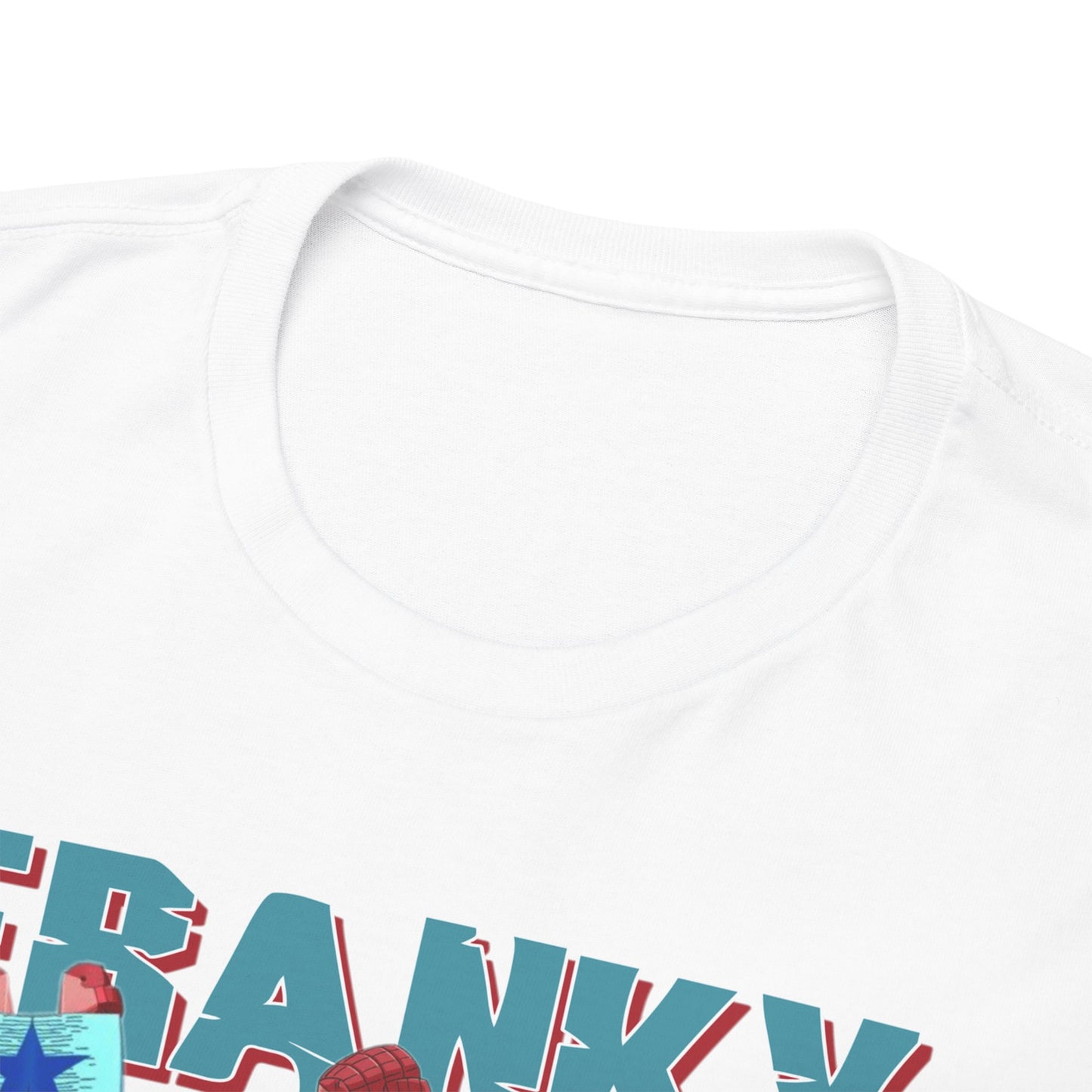 Close-up view of the collar and neckline of a premium white t-shirt, highlighting quality fabric and vibrant anime-inspired design details.