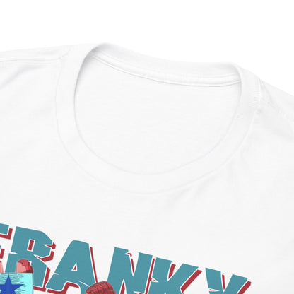 Close-up view of the collar and neckline of a premium white t-shirt, highlighting quality fabric and vibrant anime-inspired design details.