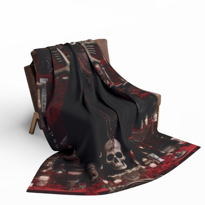 Luxurious Decorative and Warm Halloween Spooky Arctic Fleece Blanket draped elegantly over a vintage chair, featuring intricate Halloween-themed designs including skulls and dark motifs, perfect for adding a touch of seasonal charm to your décor.