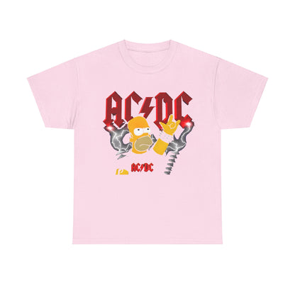 Homer Rock & Roll Unisex Cotton Tee Graphic T Shirt in pink featuring a vibrant rendition of Homer Simpson displaying rock gestures with bold AC/DC graphics and dynamic lightning, ideal for music enthusiasts.