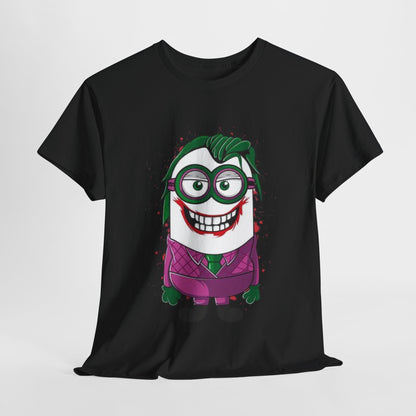 Men's Funny T Shirt featuring a Joker Minion design, perfect for fans of both Minions and DC Comics. This unisex shirt showcases a humorous take on the iconic character with vivid colours. T Shirt, Funny, Minions.