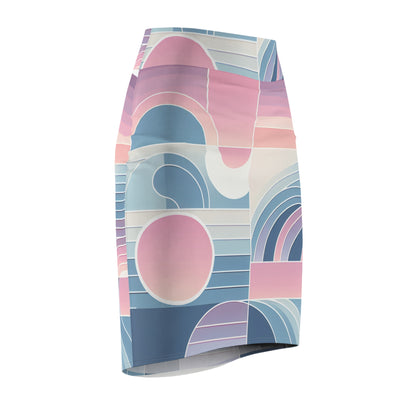 Elegant pastel gradient pencil skirt from Dazzling Dreams Studio, showcasing a seamless transition of delicate pink, calming purple, and cool blue tones - the Celeste Rutherford Pastel Gradient Pencil Skirt is perfect for any occasion.
