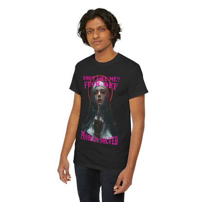 Stylish model wearing a black rebellious T-shirt featuring an eye-catching gothic design with bold pink typography, perfect for making a statement.
