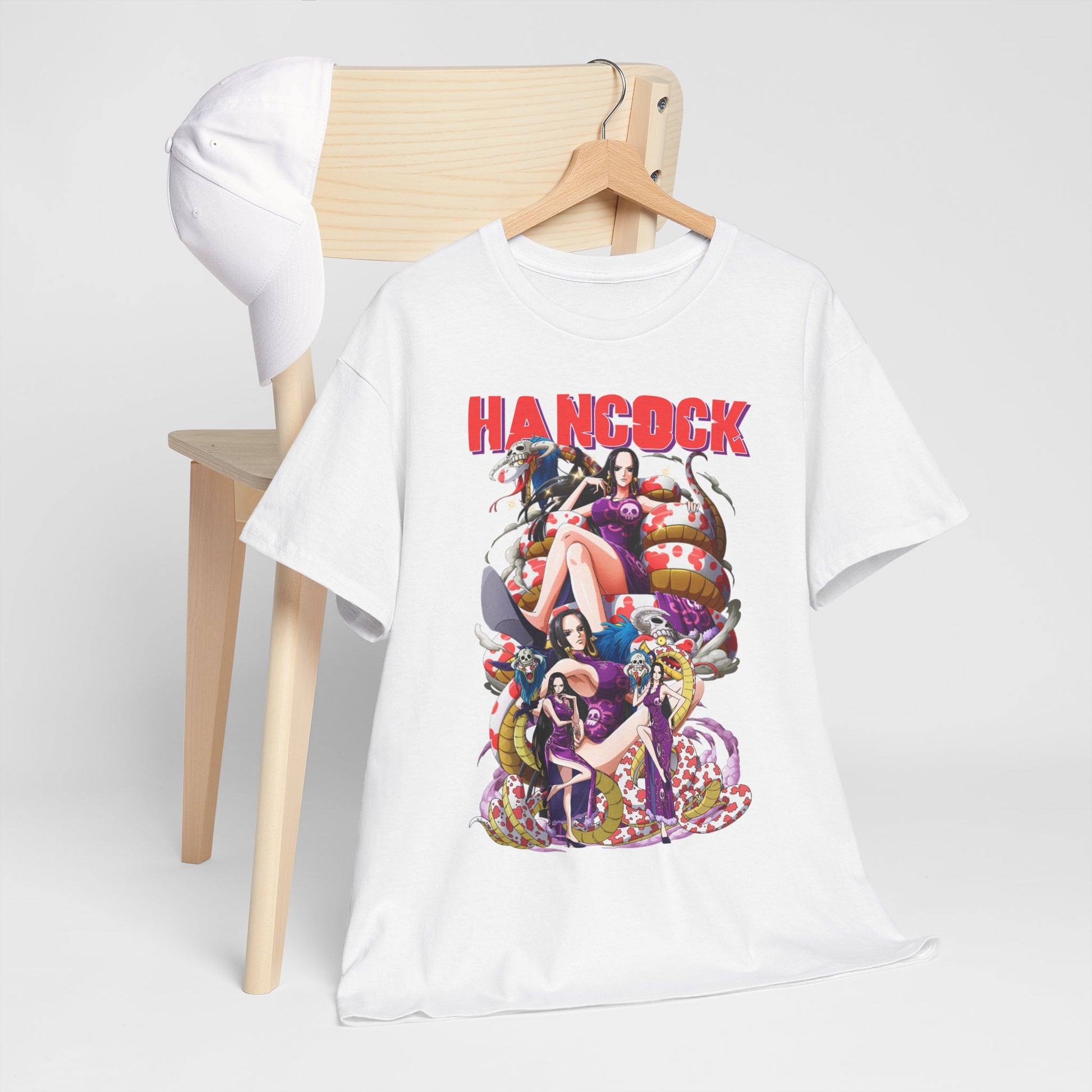 Luxury men's Hancock anime t-shirt displayed elegantly on a wooden hanger, showcasing intricate design against a minimalist backdrop, exuding style and individuality.