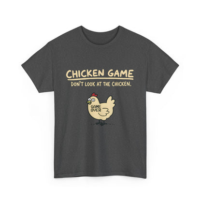 Urban Chicken Game Graphic T-Shirt displayed with a vibrant chicken graphic and stylish text, made from soft, high-quality cotton for casual elegance.