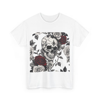 The front view of the Skulls and Roses Cotton Tee, unisex graphic shirt, highlighting the intricate skull and rose artwork against a white backdrop.