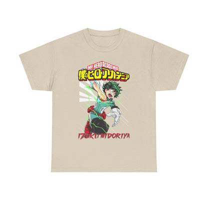 Chic beige Izuku Midoriya T-shirt highlighting elegant graphic design with striking imagery from My Hero Academia, perfect for casual fashion.