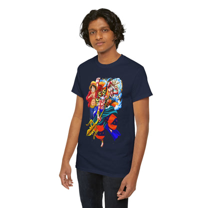 Men's navy t-shirt featuring vibrant anime-inspired artwork, showcasing dynamic characters in a bold adventure theme, ideal for anime enthusiasts.