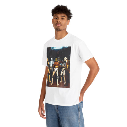 A stylish white men's t-shirt featuring a vibrant graphic print of iconic Star Wars Stormtroopers standing together, worn casually in a modern setting.