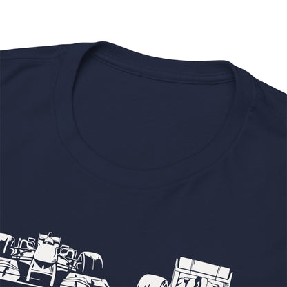 Close-up view of the neckline of a premium navy blue Mercedes F1 tribute t-shirt, showcasing its high-quality fabric and meticulous design.