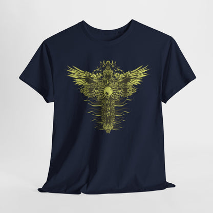 Stylish navy blue men's t-shirt displaying a decorative celestial cross and enchanting wings design in radiant yellow-gold, perfect for a bold fashion statement.
