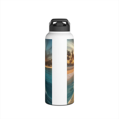 Fantasy Paddleboarding Stainless Steel Water Bottle displaying a stunning design of serene waters and sunset hues, ideal for outdoor elegance.