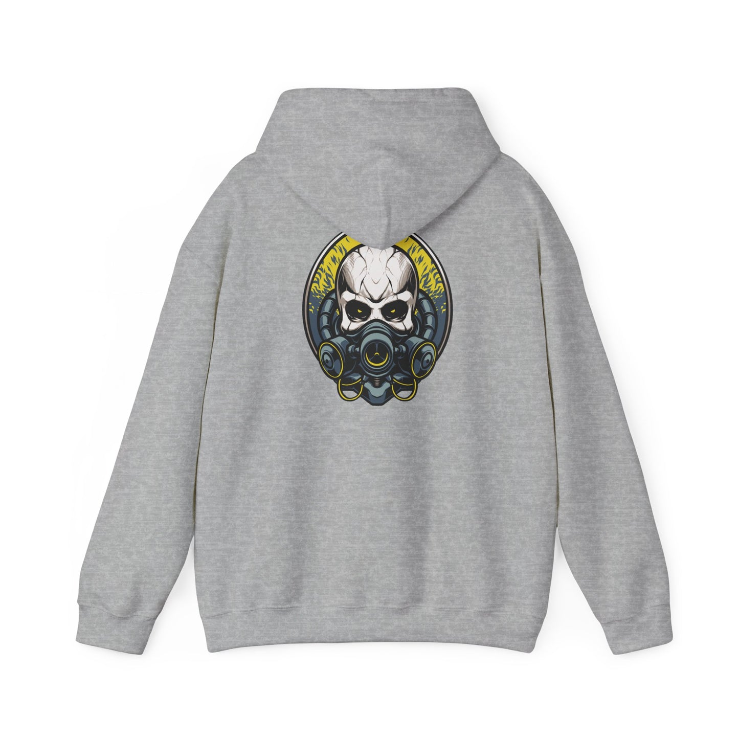 Sophisticated grey hoodie with intricately designed Steampunk skull and gas mask motif, complemented by bold yellow accents for a contemporary look.