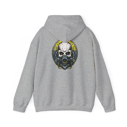 Sophisticated grey hoodie with intricately designed Steampunk skull and gas mask motif, complemented by bold yellow accents for a contemporary look.