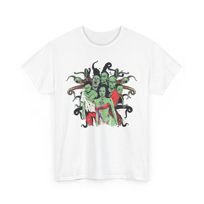 Vibrant and bold men's t-shirt featuring a striking cartoonish undead design with a crew of vividly illustrated zombies and tentacles, perfect for horror enthusiasts.