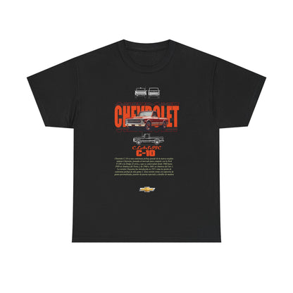 Stylish black Chevrolet C-10 graphic t-shirt adorned with a vintage truck graphic and bold lettering, a luxurious choice for car lovers and fashion enthusiasts alike.