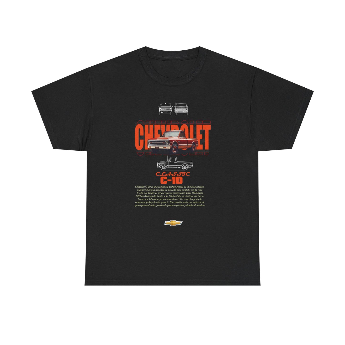 Elegant black t-shirt featuring a vintage Chevrolet C-10 graphic, showcasing the iconic truck design and bold typography that captures automotive nostalgia.