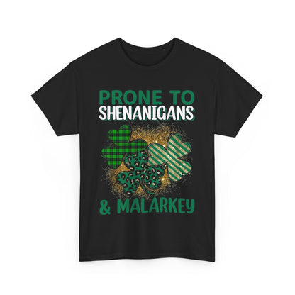 Luxury St. Patrick's Day graphic tee designed for men and women, embellished with colourful shamrocks and the humorous phrase 'Prone to Shenanigans & Malarkey'.