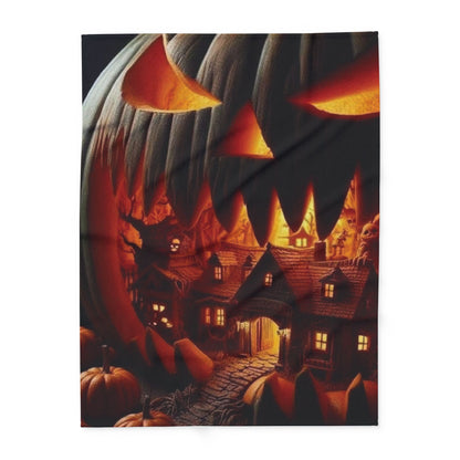 Elegant Decorative and Warm Halloween Spooky Arctic Fleece Blanket displaying an intricately designed pumpkin with an enchanting glow, perfect for festive decor.
