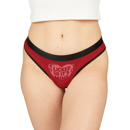 Valentines Naughty Gift Cheeky Women's Thong worn by a model showcasing the stylish design with a humorous message 'I Licked It So It's Mine', ideal for birthdays or anniversaries.