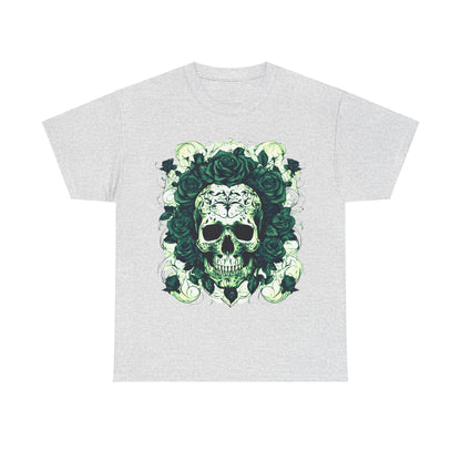 Skulls and Roses Cotton Tee in grey, featuring an artistic skull surrounded by elegant roses, perfect for edgy fashion.
