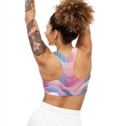 Back view of the Serena Valentina Abstract Pastel Sports Bra, exemplifying its sleek design and comfortable microfiber material, perfect for workout wear.
