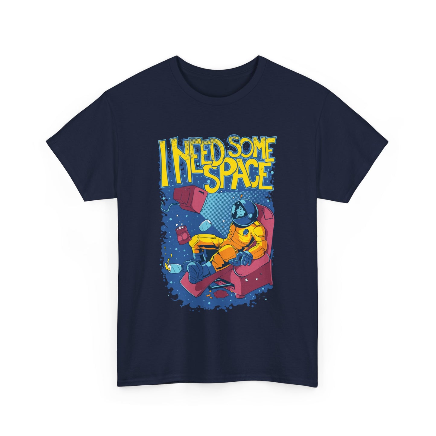 Refined navy men's t-shirt displaying a striking cosmic graphic with the statement 'I NEED SOME SPACE', featuring a relaxed astronaut design.