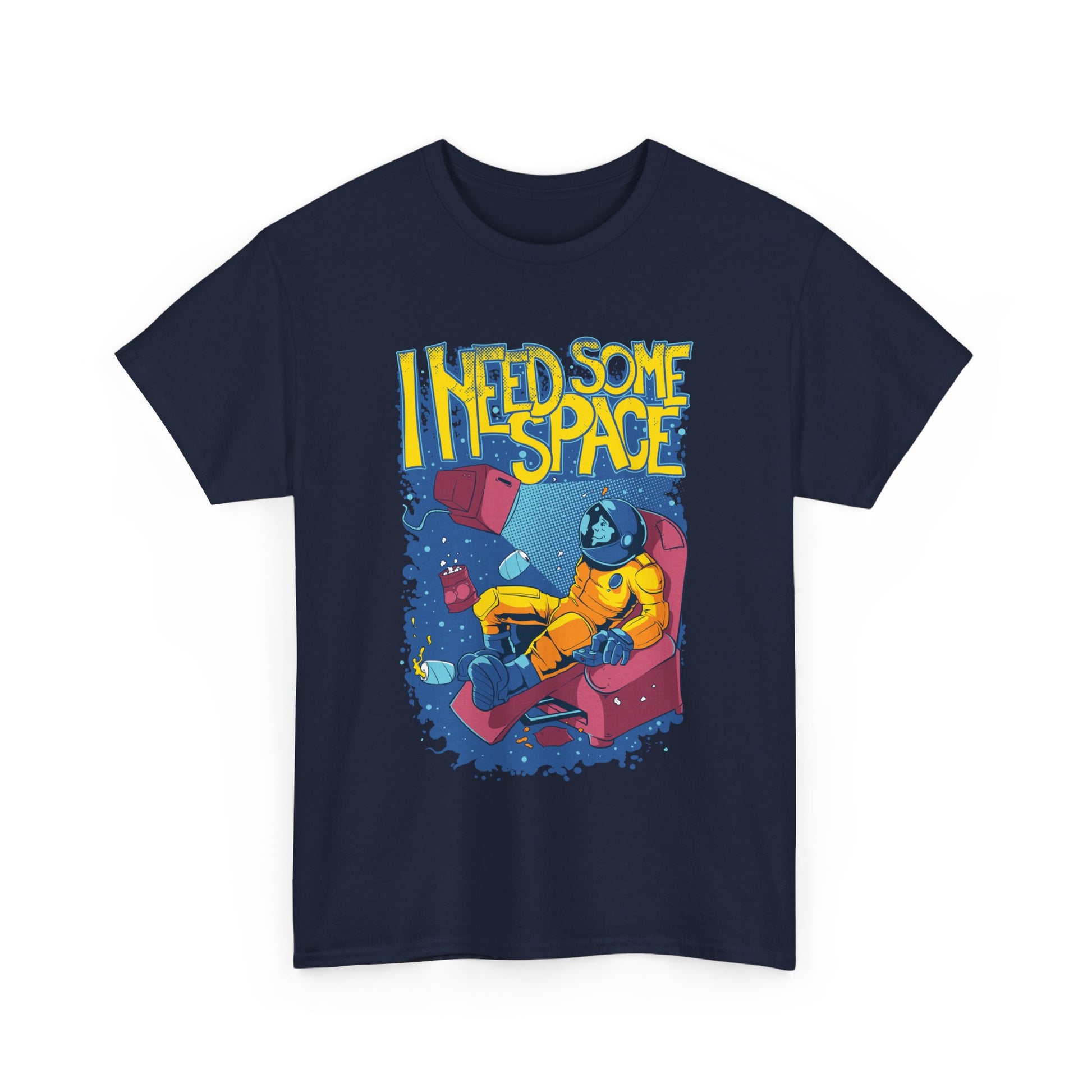 Refined navy men's t-shirt displaying a striking cosmic graphic with the statement 'I NEED SOME SPACE', featuring a relaxed astronaut design.