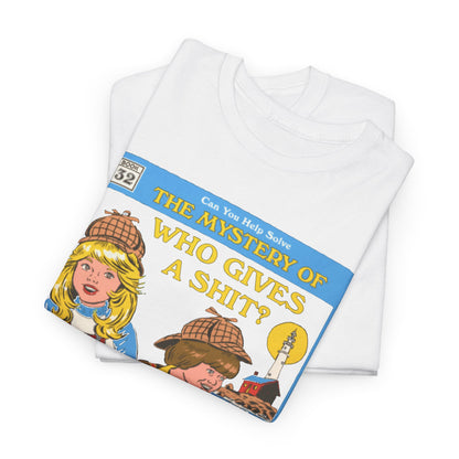 Premium unisex t-shirt featuring a whimsical design from 'The Mystery of Who Gives a Shit?' cartoon-style book cover, showcasing playful child detectives in classic attire.