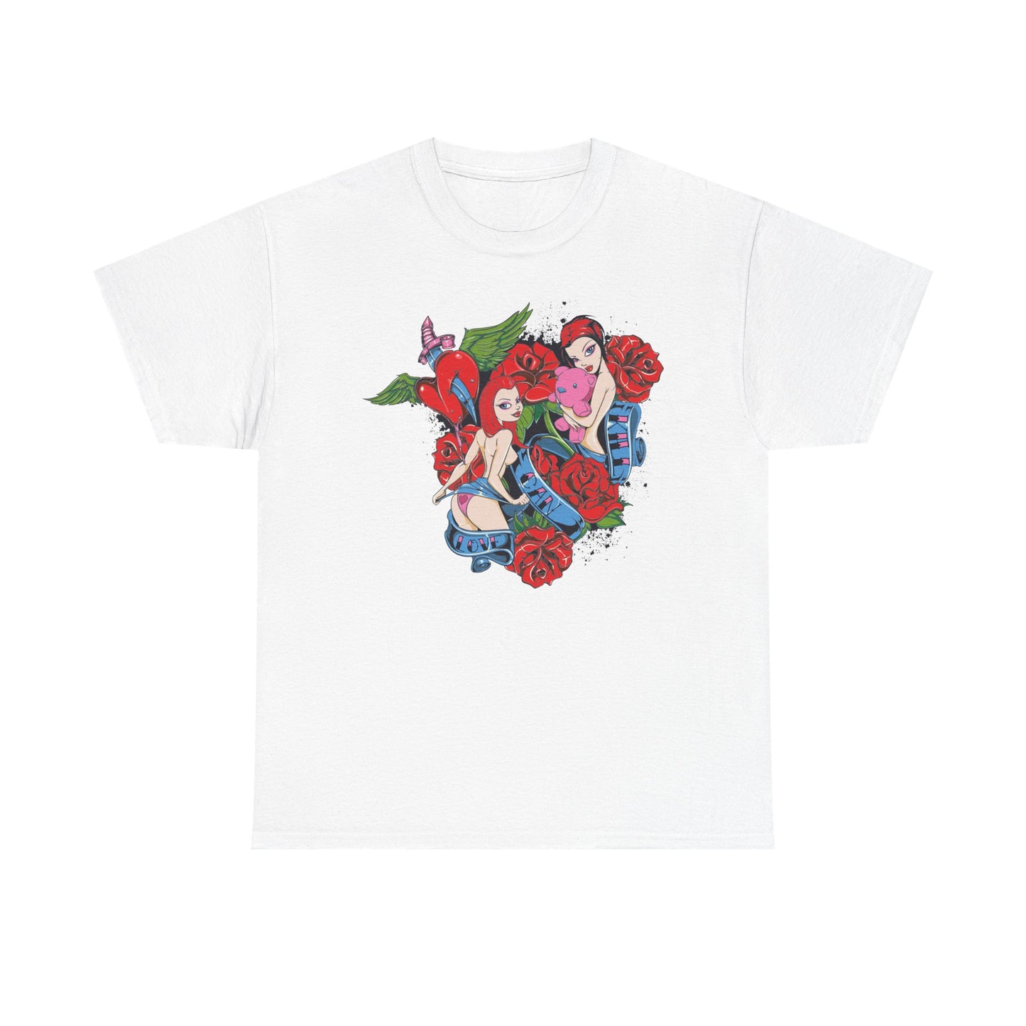 Luxury Enchanted Embrace Graphic Tee featuring vibrant pin-up artistry, roses, and whimsical elements. A striking creation perfect for adding a bold, stylish touch to any wardrobe.