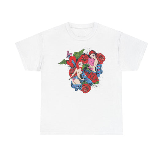 Luxury Enchanted Embrace Graphic Tee featuring vibrant pin-up artistry, roses, and whimsical elements. A striking creation perfect for adding a bold, stylish touch to any wardrobe.