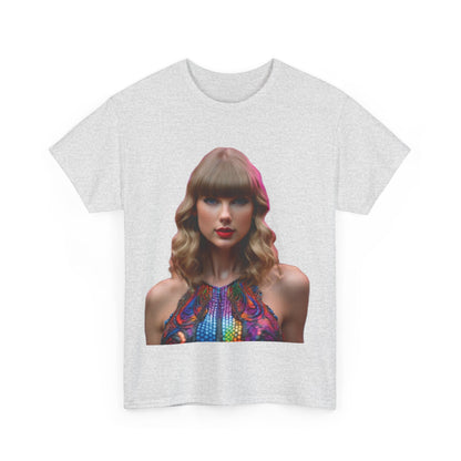 Front view of the Swifties Psychedelic Taylor Swift Heavy Cotton Tee displaying a vibrant, psychedelic print of Taylor Swift, perfect for devoted fans.
