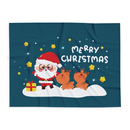 Close-up view of the Decorative and Warm Christmas Arctic Fleece Blanket displaying the charming winter-themed print with Santa and cute reindeer, perfect for holiday décor.