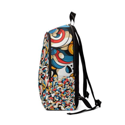 Detail of the unique cartoon character artwork on the Modern Abstract Art Backpack by Dazzling Dreams Studio, showcasing whimsical charm and sophistication.