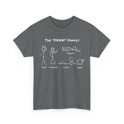Sophisticated dark grey cotton unisex t-shirt displaying 'The "F#@K" Family' graphic, complete with quirky minimalist stick figures, perfect for a casual yet chic look.