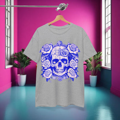Skulls and Roses Cotton Tee elegantly displayed in a vibrant interior setting, highlighting its unique graphic design and luxurious appeal for fashion-forward individuals.