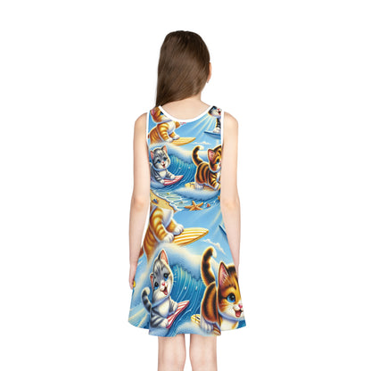 Eliza Bellethorne Girls Summer Kitten Print Pencil Skirt by Dazzling Dreams Studio, featuring playful cartoon kittens on a vibrant background, perfect for stylish summer outings.