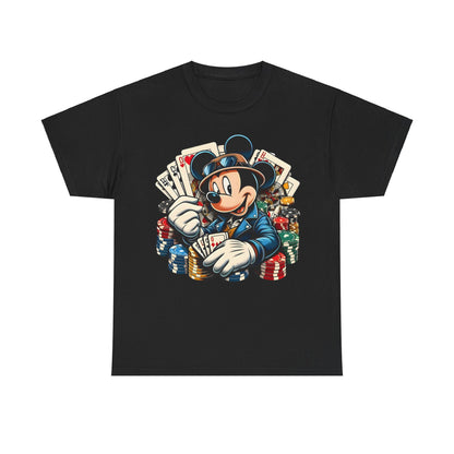 Mickey Mouse Poker Graphic Tee - Unisex design featuring Mickey Mouse as a suave poker player, surrounded by vibrant poker chips and cards, perfect for casino enthusiasts.