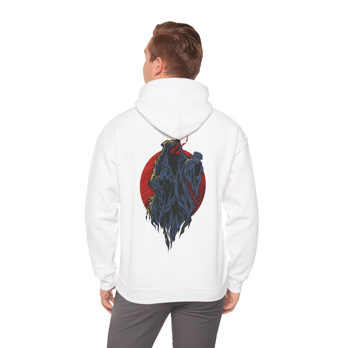 Elegant white hoodie featuring a striking demon design in bold grey, showcased against a vibrant red circle.