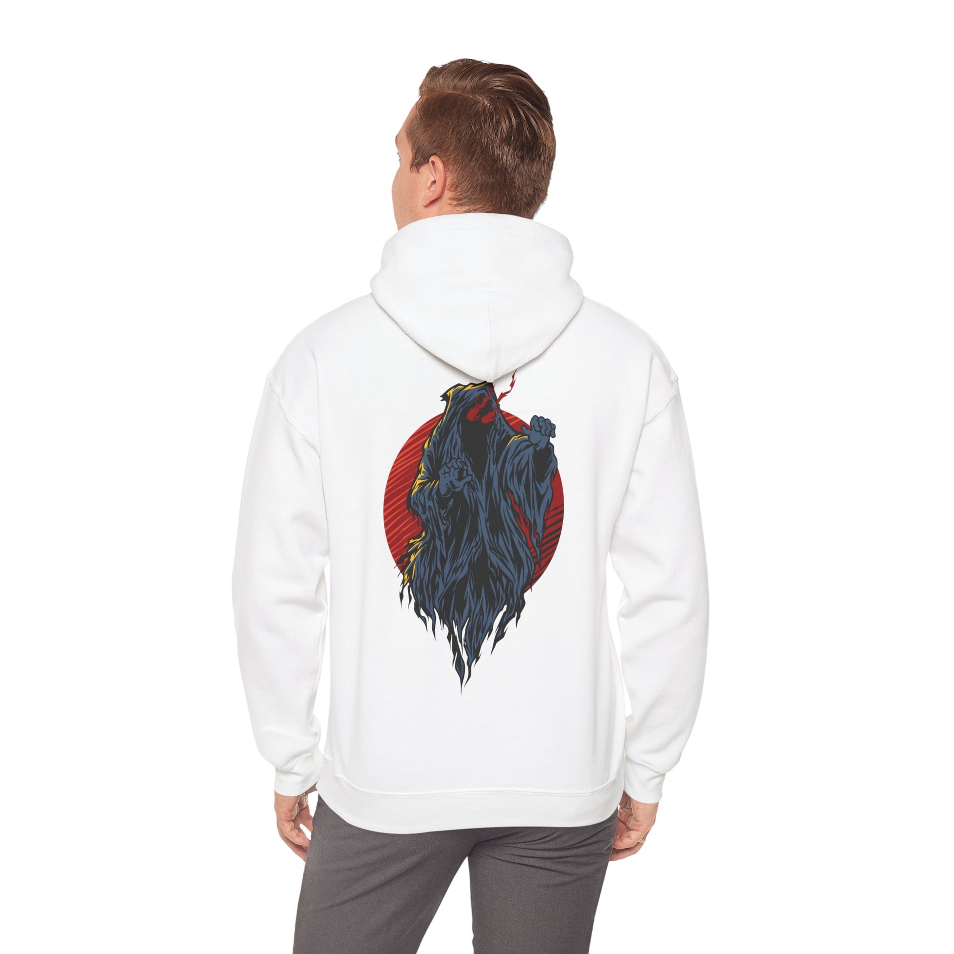 Elegant white hoodie featuring a striking demon design in bold grey, showcased against a vibrant red circle.