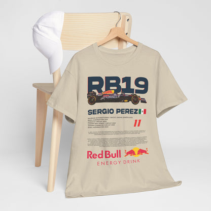 Men's Red Bull RB19 F1 T-shirt artistically draped over a chair, complemented by a stylish cap, emphasizing luxury motorsport fashion.