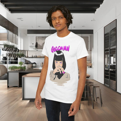 Front view of a stylish white T-shirt featuring a vibrant graphic design inspired by Mia Wallace from Pulp Fiction, adorned with the phrase 'GOOD DAMN' in striking colours.