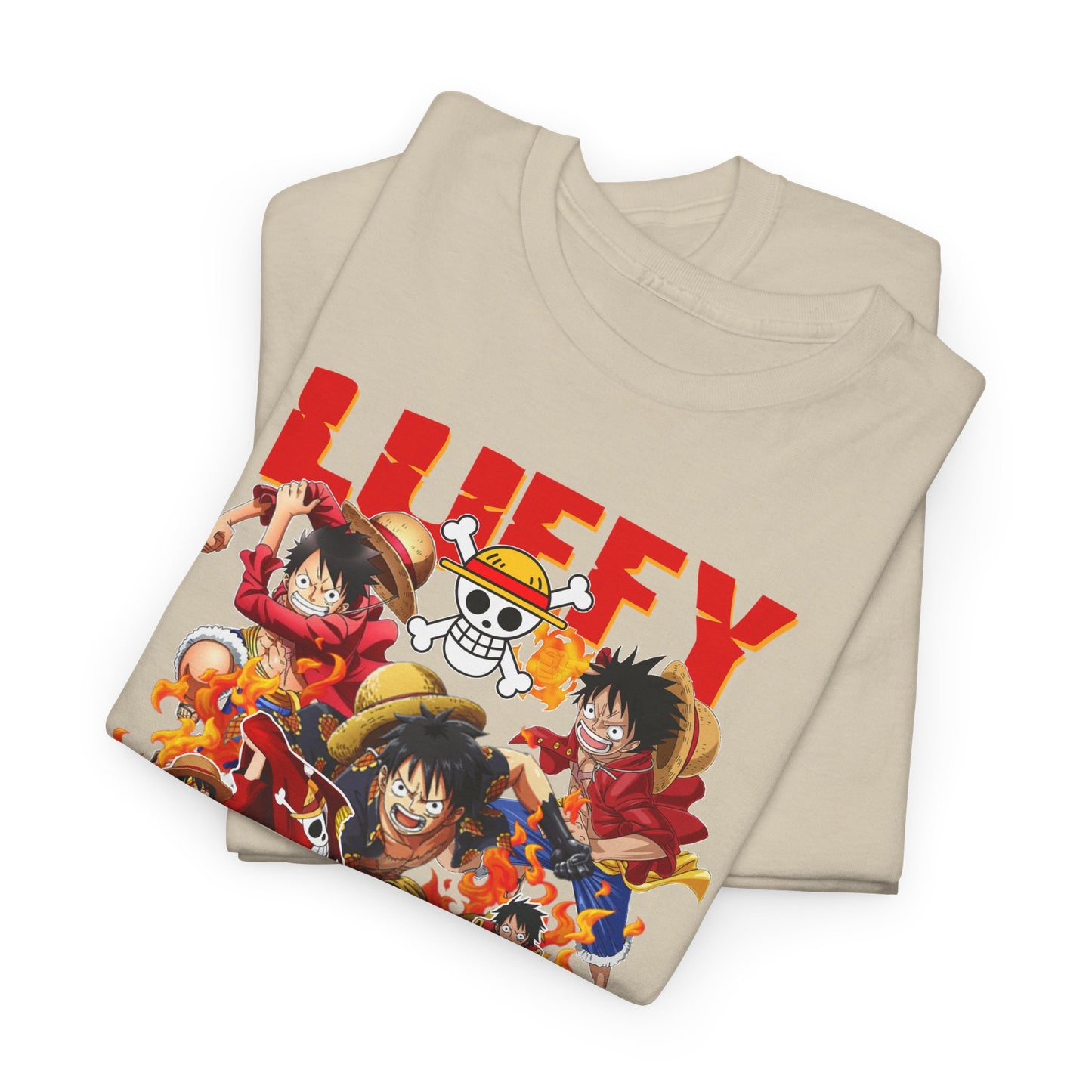 Two luxurious One Piece t-shirts stacked together, highlighting vibrant character graphics of Luffy and crew, perfect for anime enthusiasts seeking elegant apparel.