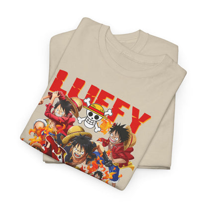 Two luxurious One Piece t-shirts stacked together, highlighting vibrant character graphics of Luffy and crew, perfect for anime enthusiasts seeking elegant apparel.