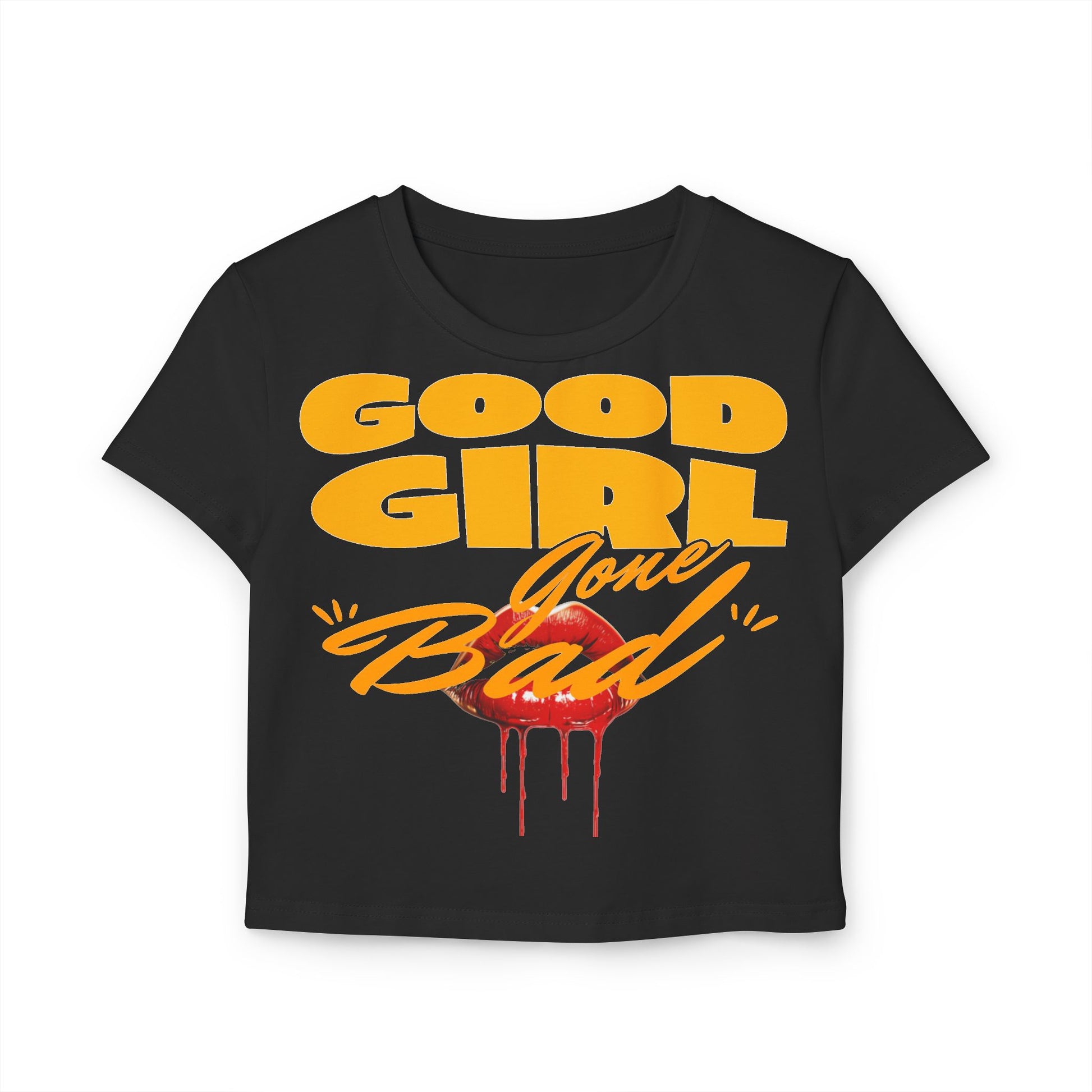 Luxury cropped women’s tee in black with bold 'Good Girl Gone Bad' slogan and striking red lips graphic, exuding playful elegance.